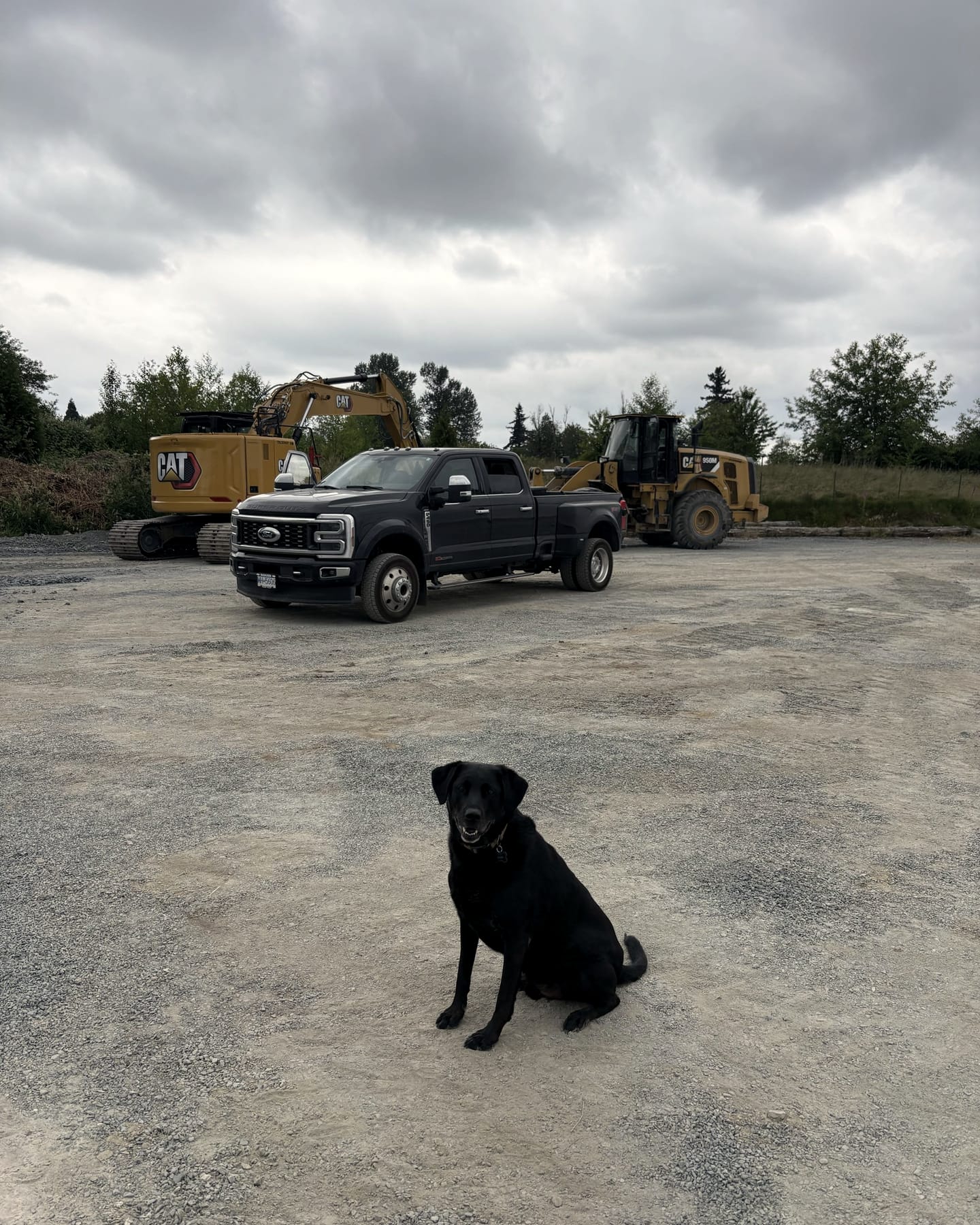 A JMEX crew truck with a Cat excavator, wheel loader and the company dog on the yard