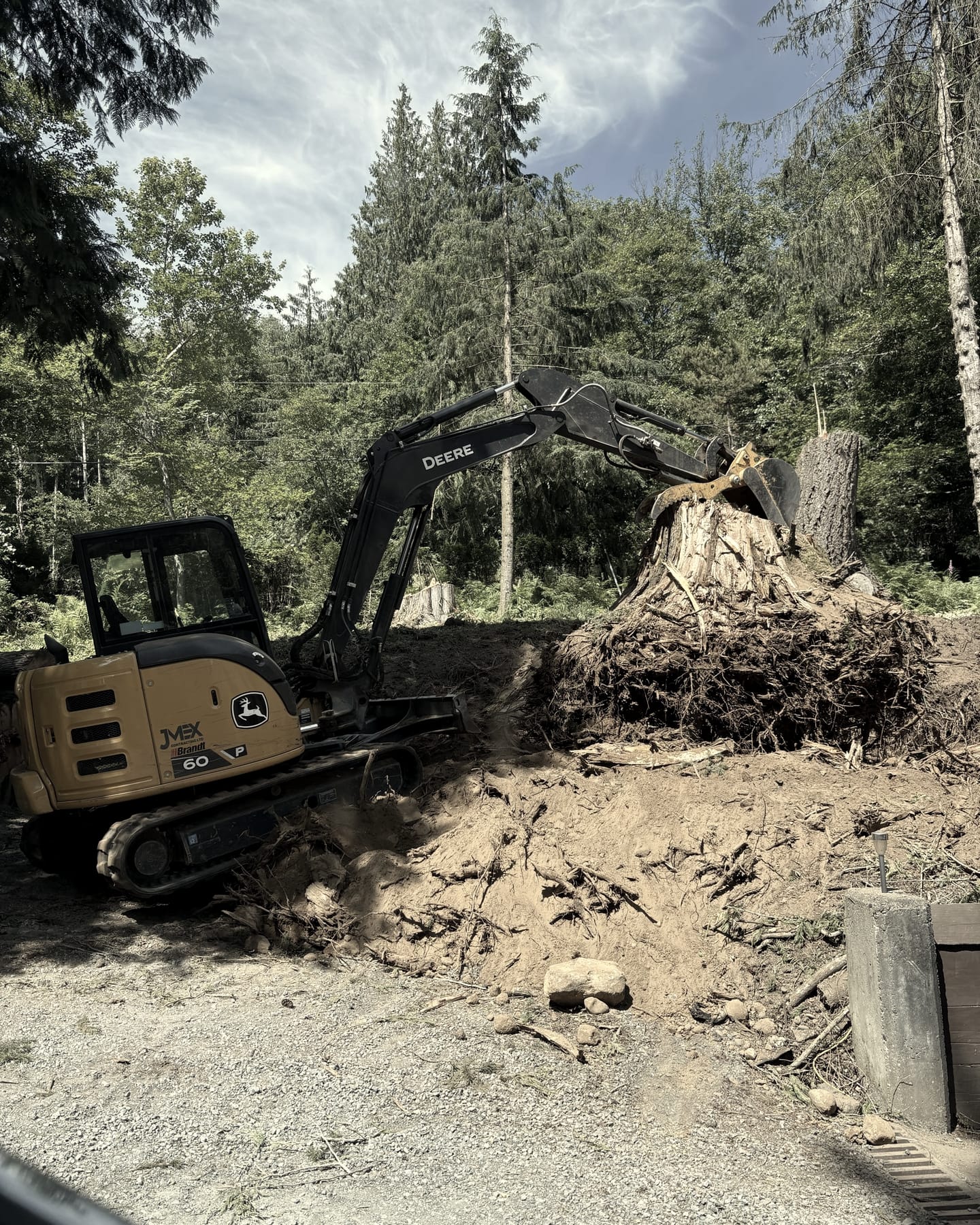A John Deere excavator clearing land and pulling a tree stump on a wooded Fraser Valley site